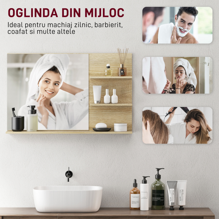  Oglinda de Baie cu 2 Rafturi Laterale si Raft Inferior, Culoare Lemn [5]