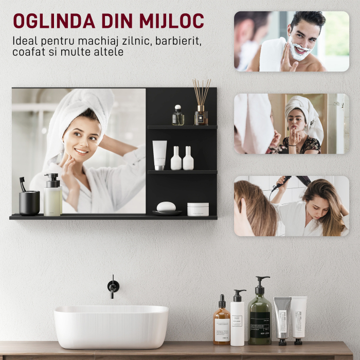  Oglinda de Baie cu 2 Rafturi Laterale si Raft Inferior Negru [5]