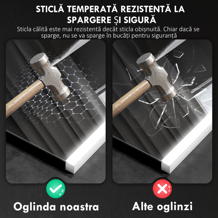  Oglinda de Baie cu Lumina LED in 3 Culori si Functie Memorie, din Sticla Temperata, 70x50x3 cm, Argintiu [7]