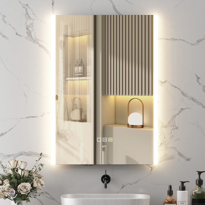  Oglinda de Baie cu Lumina LED in 3 Culori si Functie Memorie, din Sticla Temperata, 70x50x3 cm, Argintiu [2]