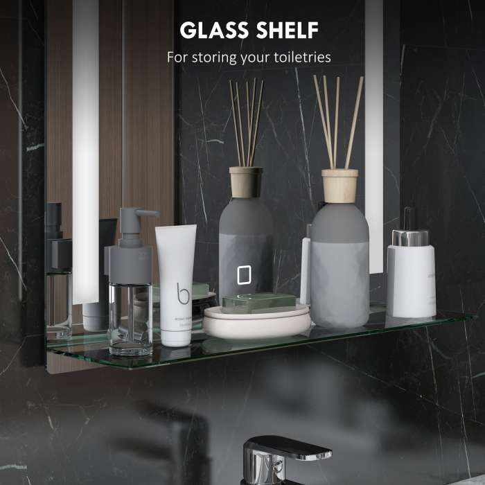  Oglinda de baie cu lumina LED reglabila in 3 culori si raft din sticla, 50x12x70 cm, argintiu [4]