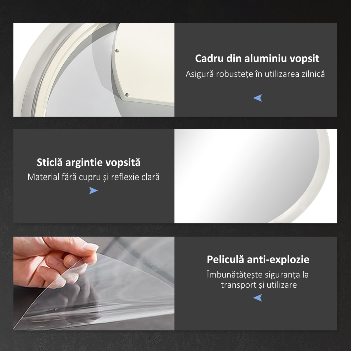  Oglinda de Baie cu Lumina LED Reglabila, intrerupator Tactil, si Functie de Memorie, Ø60x3 cm, Transparent [7]