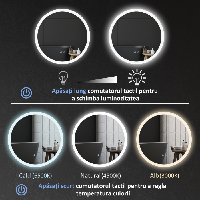  Oglinda de Baie cu Lumina LED Reglabila, intrerupator Tactil, si Functie de Memorie, Ø60x3 cm, Transparent [5]