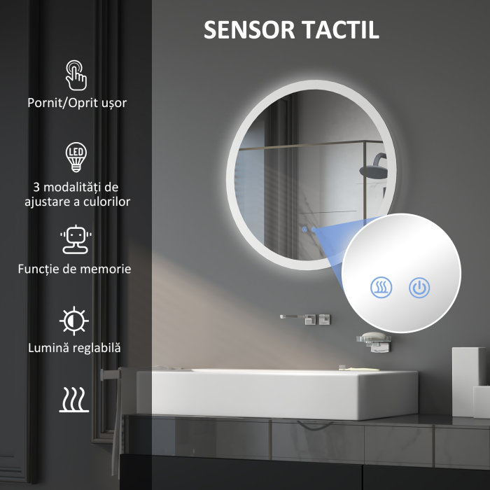  Oglinda de Baie cu Lumina LED Reglabila, intrerupator Tactil, si Functie de Memorie, Ø60x3 cm, Transparent [4]