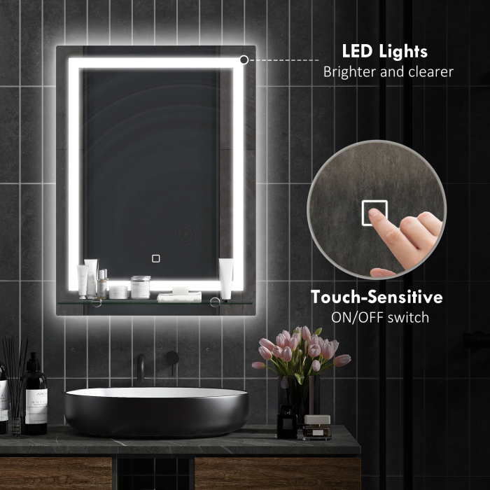  Oglinda de baie cu lumini LED reglabila in 3 culori, cu raft din sticla, 50x12x70 cm, argintiu [4]