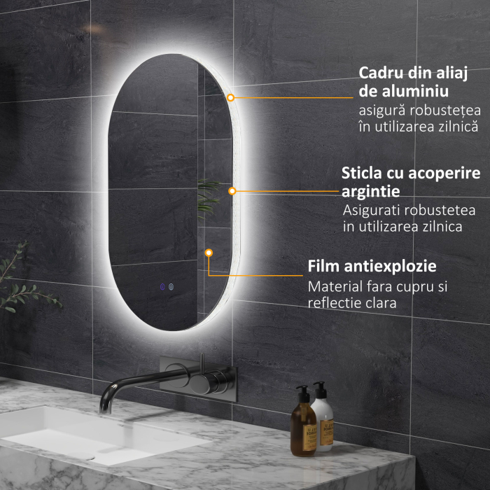  Oglinda de Baie LED Antiaburire cu Luminozitate Reglabila, din Sticla si Aluminiu, 81x51x4.5 cm [6]