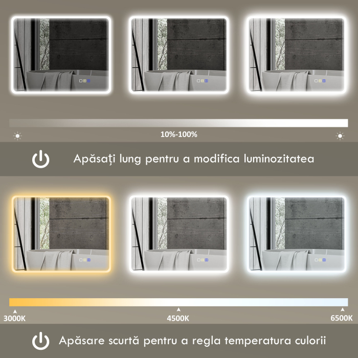  Oglinda de baie LED bluetooth 70 x 90 cm interruptor tactil lumina reglabila 3 culori anti-abur memorie argintiu [6]