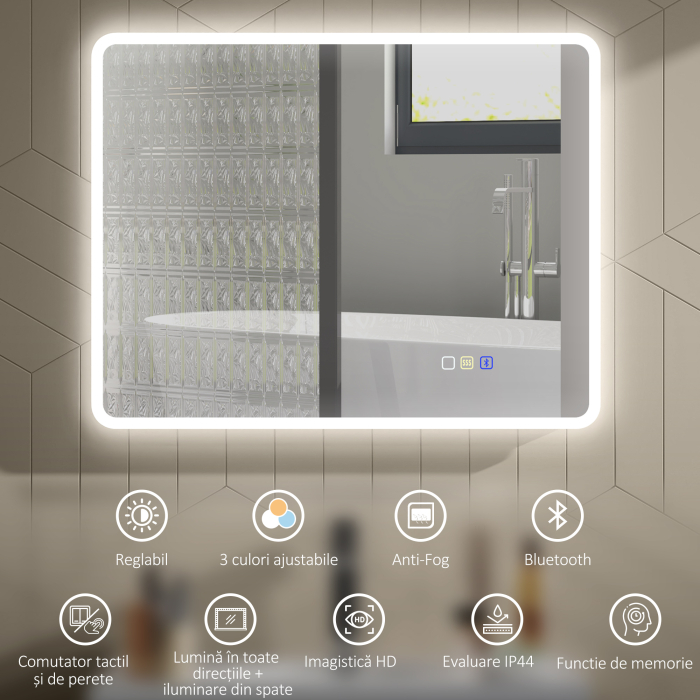  Oglinda de baie LED bluetooth 70 x 90 cm interruptor tactil lumina reglabila 3 culori anti-abur memorie argintiu [4]