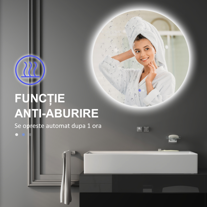  Oglinda de Baie Rotunda cu Lumina LED in 3 Culori si intrerupatoare Touch, Ø70x3.5 cm, Transparent [7]