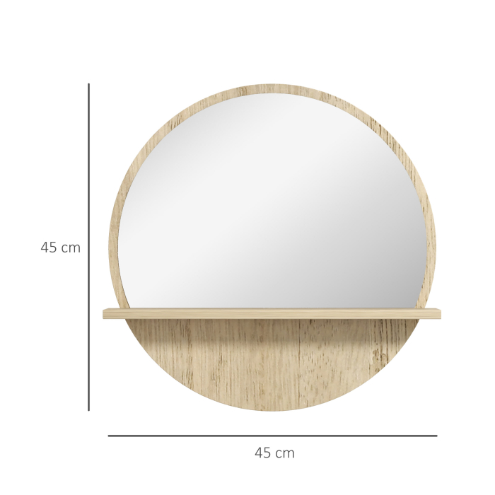  Oglinda de Baie Rotunda din PAL si Sticla cu Raft pentru Depozitare si 2 Carlige pentru Fixare, Ø45x10 cm, Lemn Natural [3]