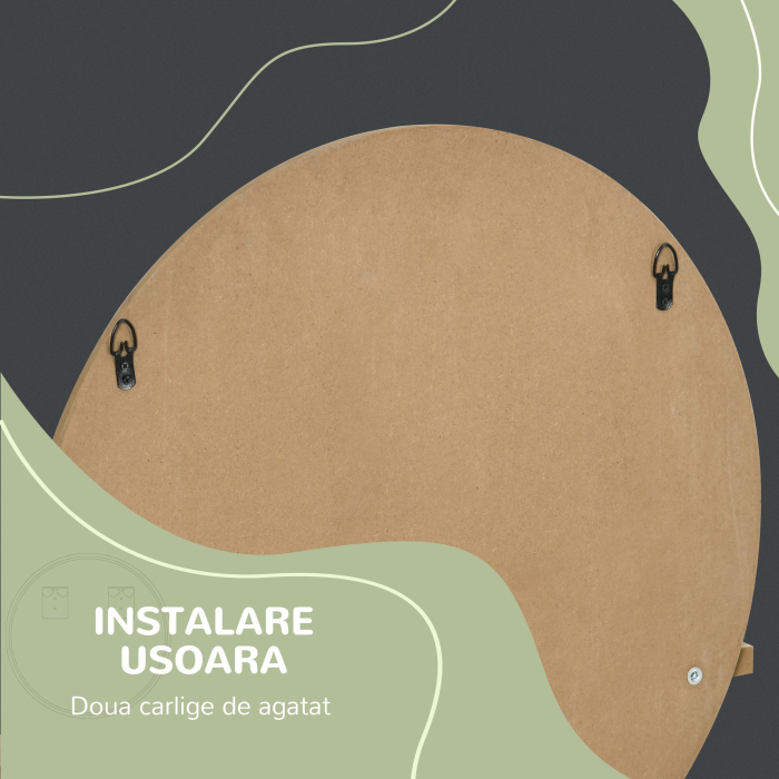  Oglinda de Baie Rotunda din PAL si Sticla cu Raft pentru Depozitare si 2 Carlige pentru Fixare, Ø45x10 cm, Lemn Natural [6]