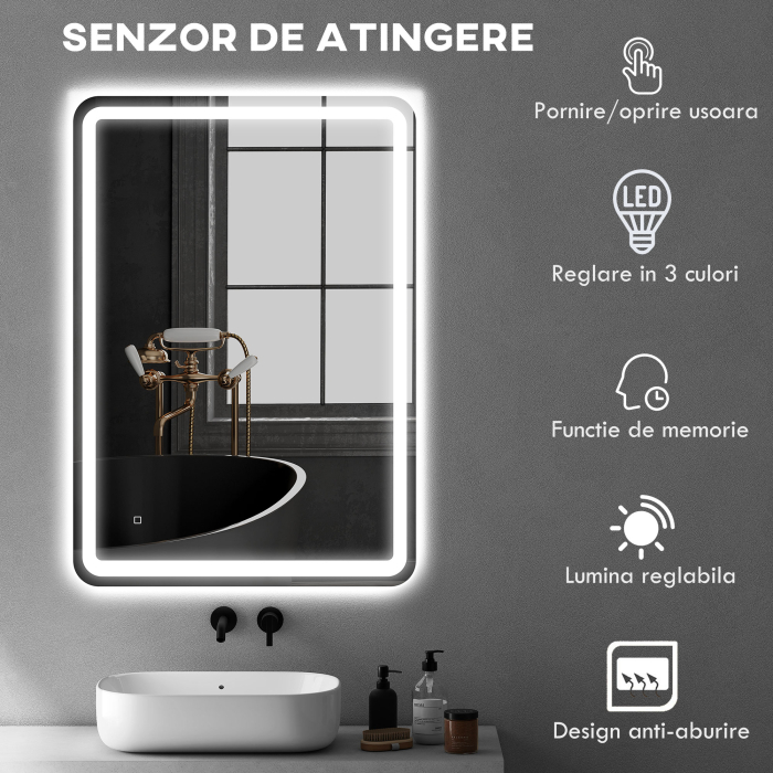  Oglinda de Baie Touch 70x100 cm cu LED 3 Tonuri de Lumina si Antiaburire [5]
