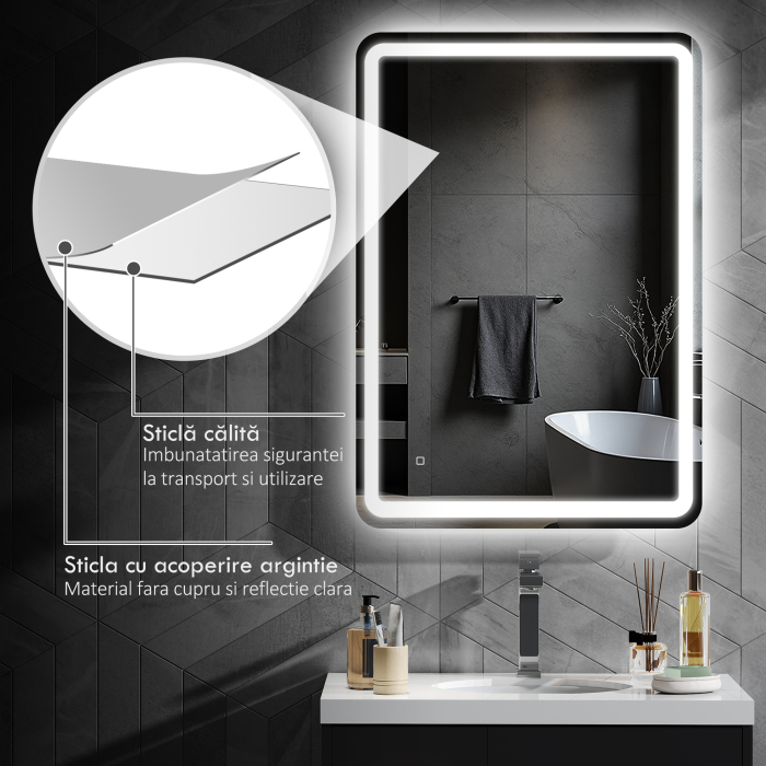  Oglinda de Baie Touch 70x100 cm cu LED 3 Tonuri de Lumina si Antiaburire [8]