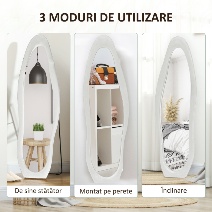  Oglinda de dimensiuni mari cu rama ondulata din catifea, oglinda de podea si de perete, 160x50 cm, alba [6]