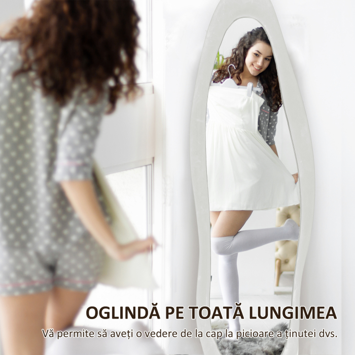  Oglinda de dimensiuni mari cu rama ondulata din catifea, oglinda de podea si de perete, 160x50 cm, alba [4]
