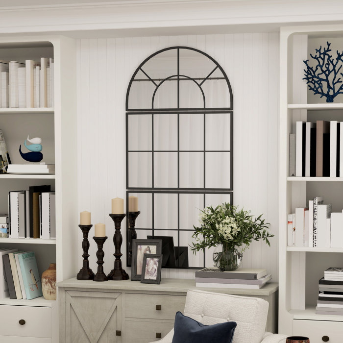  Oglinda de Perete Arcuita in Forma de Fereastra pentru Hol si Sufragerie cu 3 Agatatori, 76x43 cm, Negru [9]