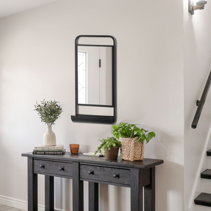  Oglinda de perete cu raft inferior si cadru metalic, oglinda pentru baie si dormitor, 36,2x12x71,7cm, negru [2]