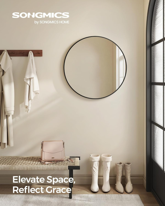 Oglinda de perete SONGMICS, oglinda rotunda, oglinda de baie, diametru 61 cm, cadru metalic, pentru sufragerie, dormitor, baie, hol, negru [4]