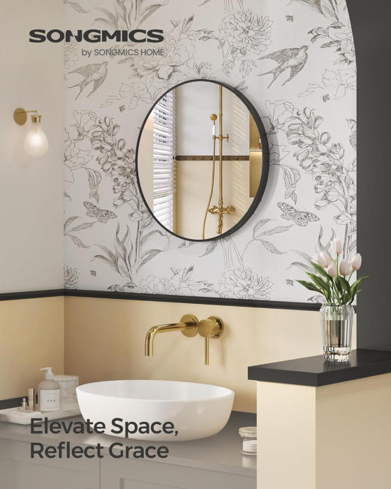 Oglinda de perete SONGMICS, oglinda rotunda, oglinda de baie, diametru 61 cm, cadru metalic, pentru sufragerie, dormitor, baie, hol, negru [2]