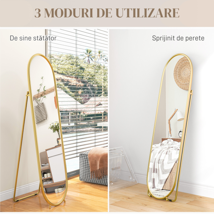  Oglinda inalta cu Cadru de Sustinere, Oglinda Ovala pentru Dormitor sau Living, 40x4x160 cm, Auriu [7]
