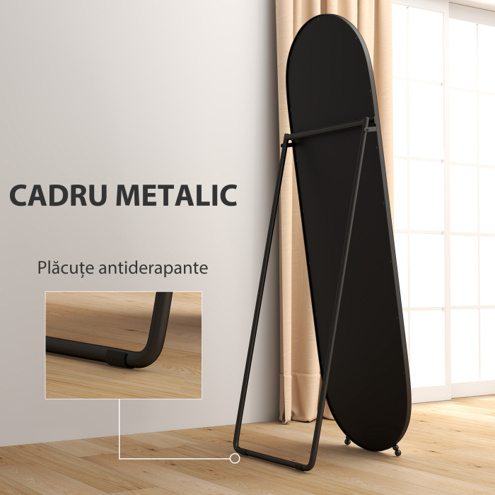  Oglinda Ovala de Podea, cu Suport Rabatabil, din Sticla si Metal, 40x41x159 cm, Negru [6]