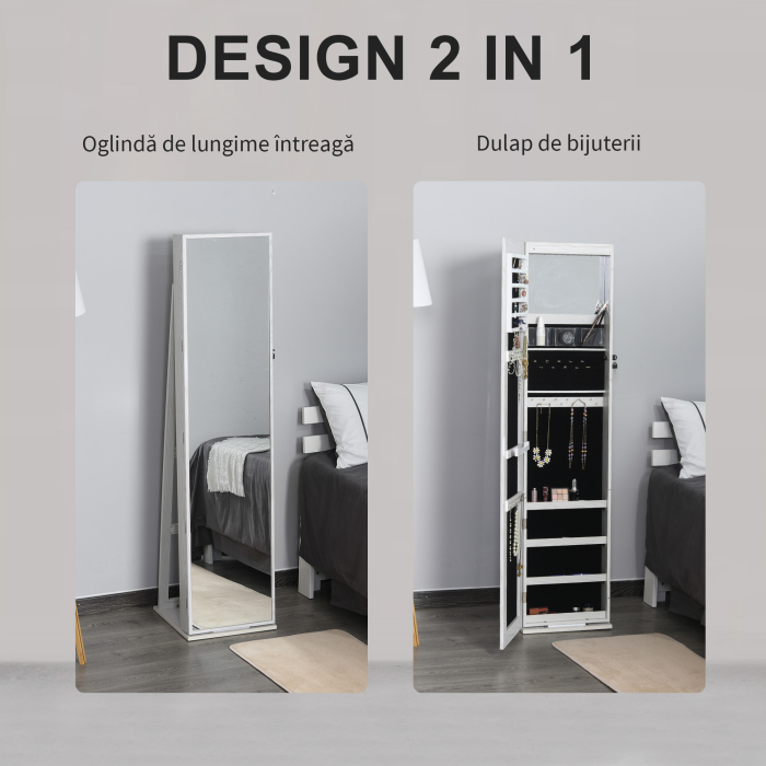  Oglinda-Portbijuterii LED cu 4 Rafturi si Spatii de Depozitare Alb [7]