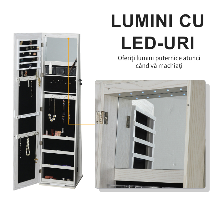 Oglinda-Portbijuterii LED cu 4 Rafturi si Spatii de Depozitare Alb [4]