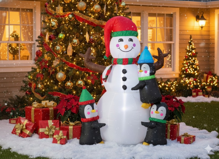 Om de zapada gonflabil de exterior, cu pinguini si iluminare LED, 190 cm, compresor integrat, alb [3]