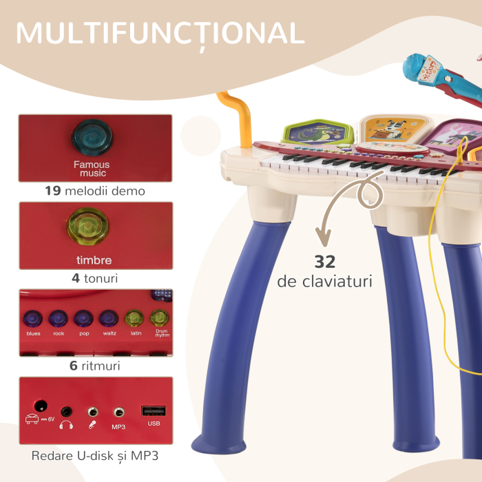  Orga Pian pentru Copii cu Set de Tobe Instrument Muzical Electronic cu Sunete Multiple Lumini Microfon Taburet pentru Fete si Baieti [4]