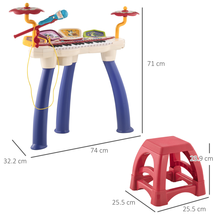  Orga Pian pentru Copii cu Set de Tobe Instrument Muzical Electronic cu Sunete Multiple Lumini Microfon Taburet pentru Fete si Baieti [3]