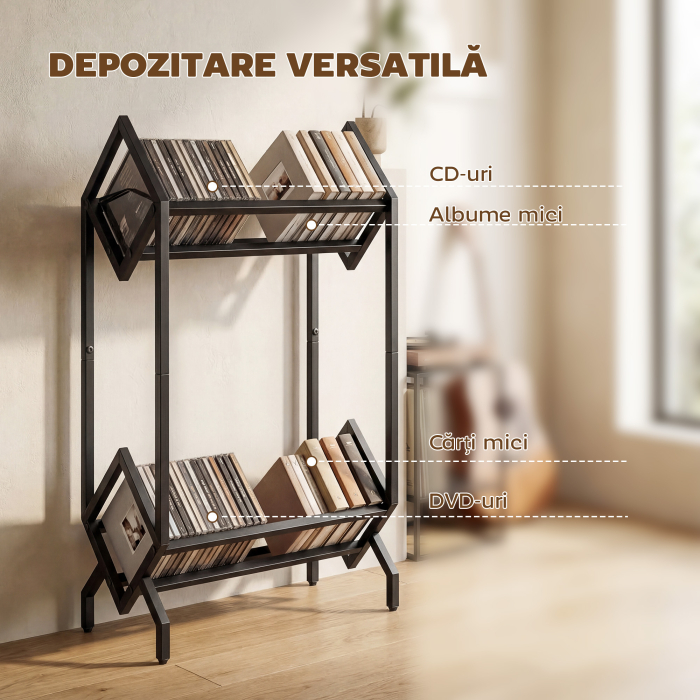 Organizator CD-uri pentru 50 CD-uri, Organizator Viniluri 2 Niveluri din Metal pentru DVD-uri, Carti, Albume, Negru [5]