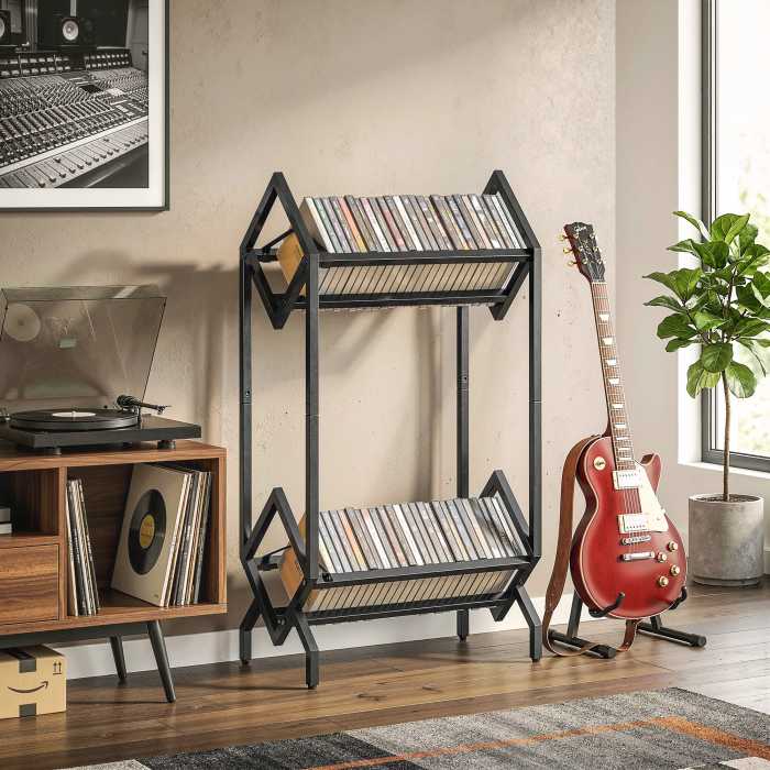  Organizator CD-uri pentru 50 CD-uri, Organizator Viniluri 2 Niveluri din Metal pentru DVD-uri, Carti, Albume, Negru [8]