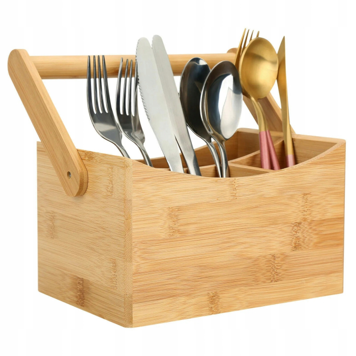 Organizator tacamuri si servetele 5Five Bamboo cu maner, bambus, 24x14x24 cm, natur [2]