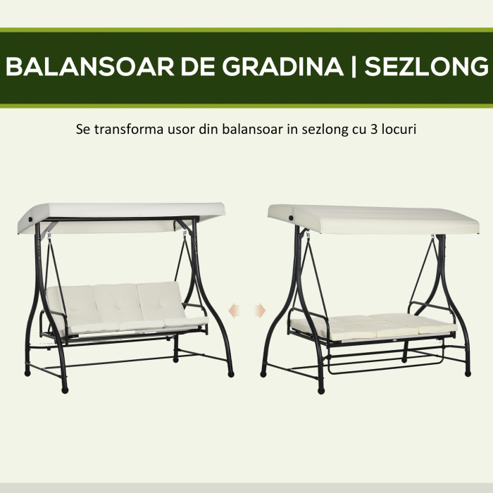 Outusunny Leagan cu 3 Locuri de Gradina, Balansoar pentru Exterior cu Acoperis Reglabil, din Otel si Poliester, 195x117x175 cm, Crem [5]