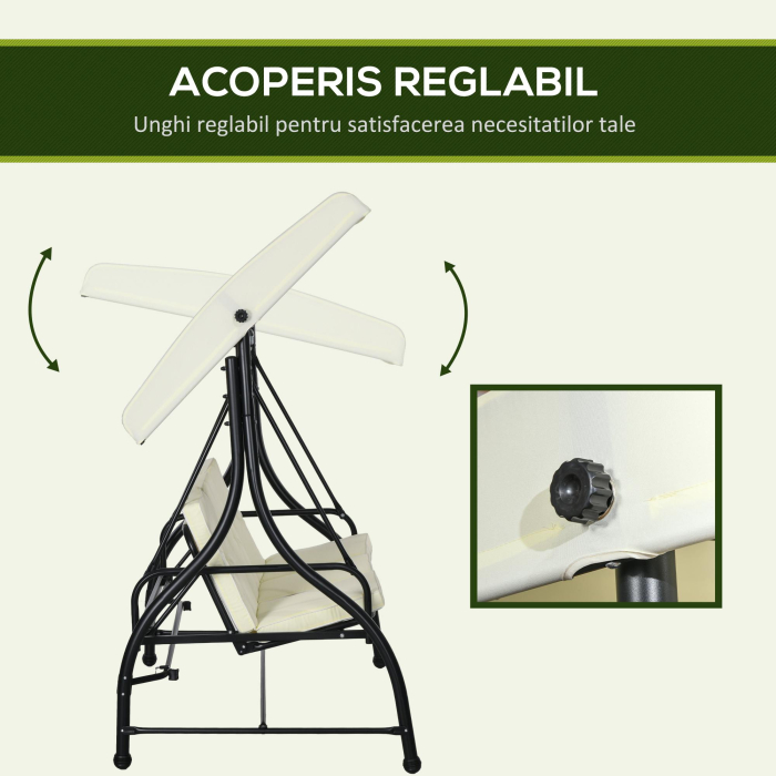 Outusunny Leagan cu 3 Locuri de Gradina, Balansoar pentru Exterior cu Acoperis Reglabil, din Otel si Poliester, 195x117x175 cm, Crem [4]