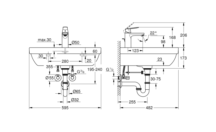 Pachet 3in1 lavoar Grohe 39642KW0, Euro Ceramic, 600 x 480 mm, pe perete, baterie Grohe neagra, sifon, evacuare, valve [3]
