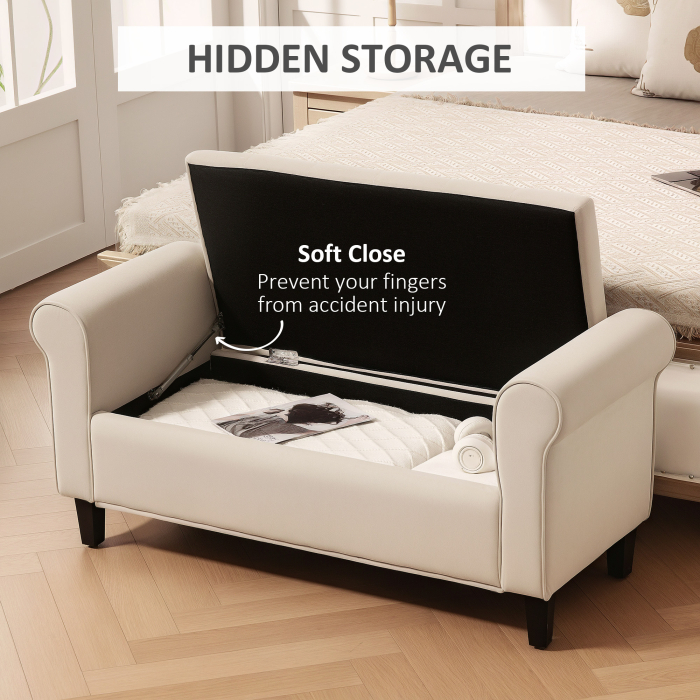  Panca Fondo Letto in Tessuto Vellutato con Spazio Portaoggetti e Braccioli, 126x48.5x57 cm, Beige [4]