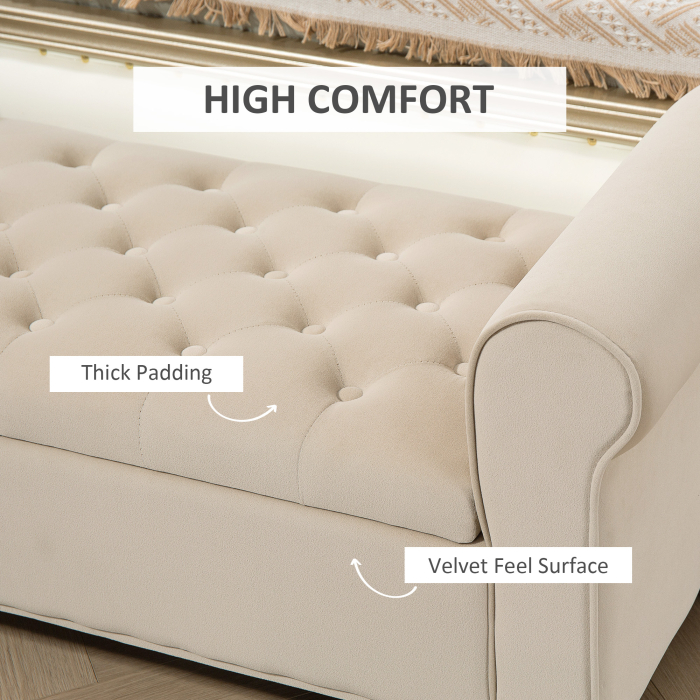  Panca Fondo Letto in Tessuto Vellutato con Spazio Portaoggetti e Braccioli, 126x48.5x57 cm, Beige [5]