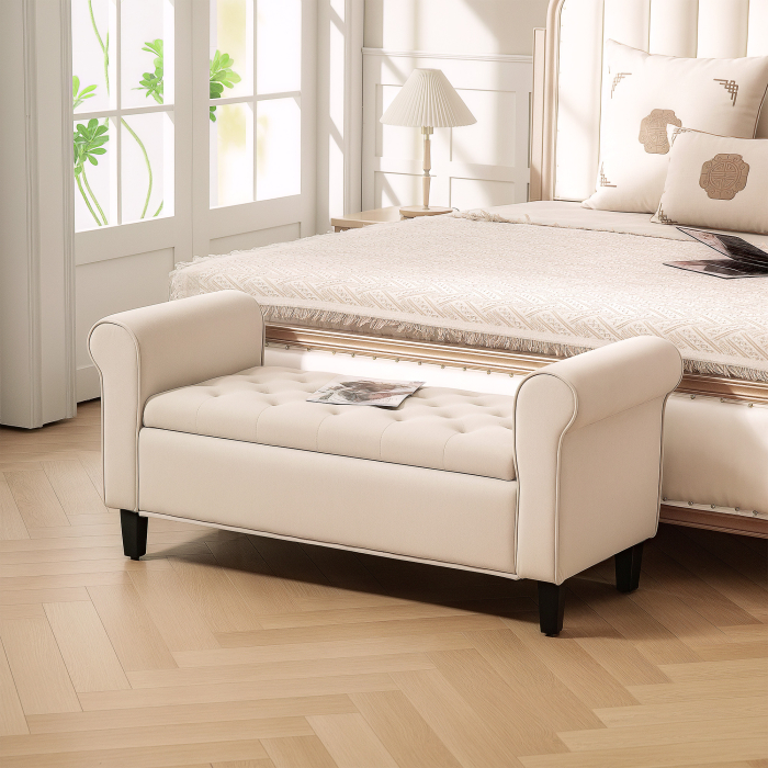  Panca Fondo Letto in Tessuto Vellutato con Spazio Portaoggetti e Braccioli, 126x48.5x57 cm, Beige [2]