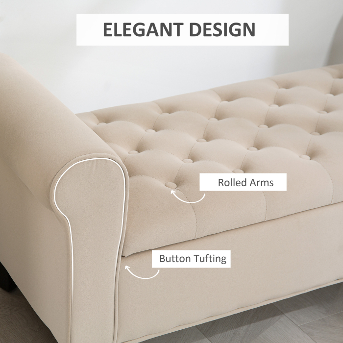  Panca Fondo Letto in Tessuto Vellutato con Spazio Portaoggetti e Braccioli, 126x48.5x57 cm, Beige [6]