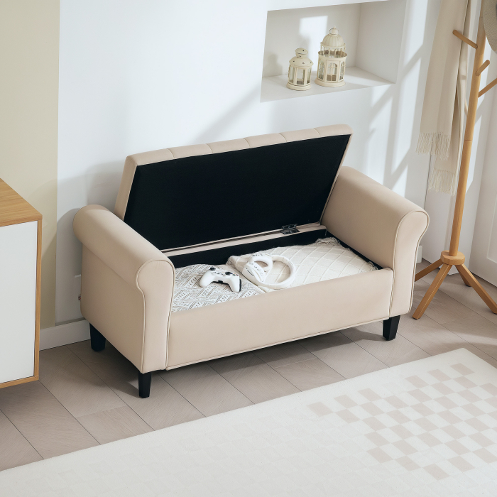  Panca Fondo Letto in Tessuto Vellutato con Spazio Portaoggetti e Braccioli, 126x48.5x57 cm, Beige [9]