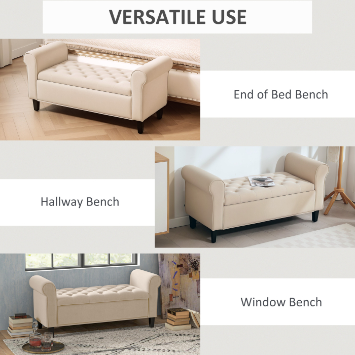  Panca Fondo Letto in Tessuto Vellutato con Spazio Portaoggetti e Braccioli, 126x48.5x57 cm, Beige [7]