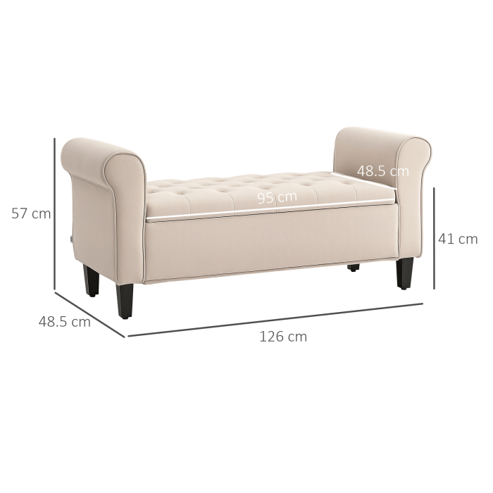  Panca Fondo Letto in Tessuto Vellutato con Spazio Portaoggetti e Braccioli, 126x48.5x57 cm, Beige [3]