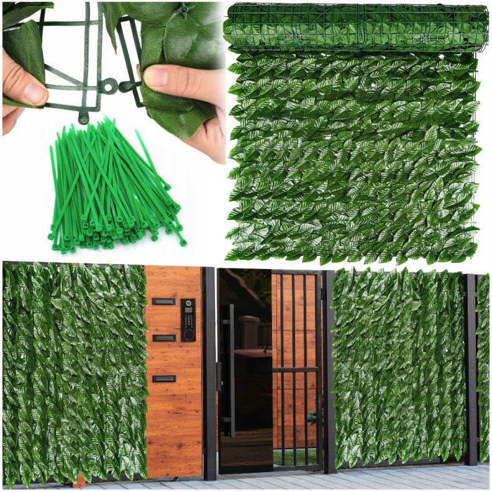 Paravan frunze artificiale pentru gard sau balcon, material PE rezistent UV, 50 cleme incluse, 100x300 cm, verde [2]
