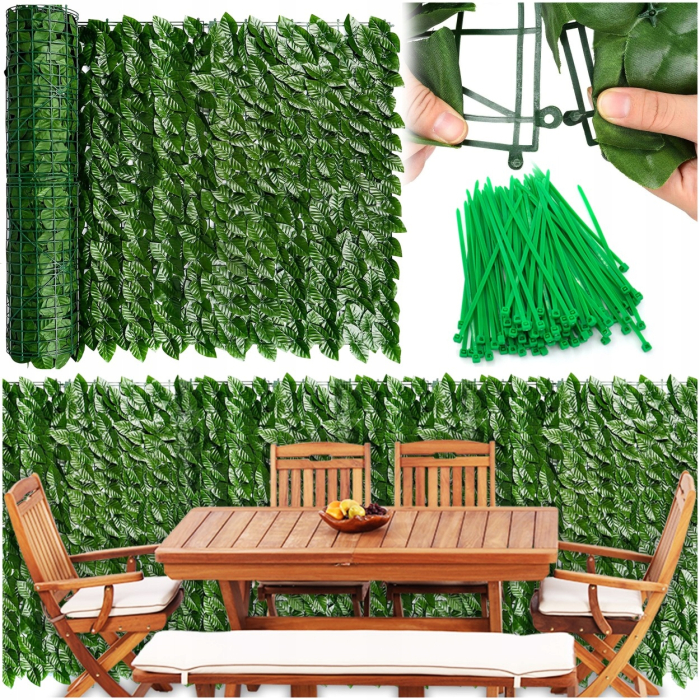 Paravan frunze artificiale pentru gard sau balcon, material PE rezistent UV, 50 cleme incluse, 100x300 cm, verde [15]