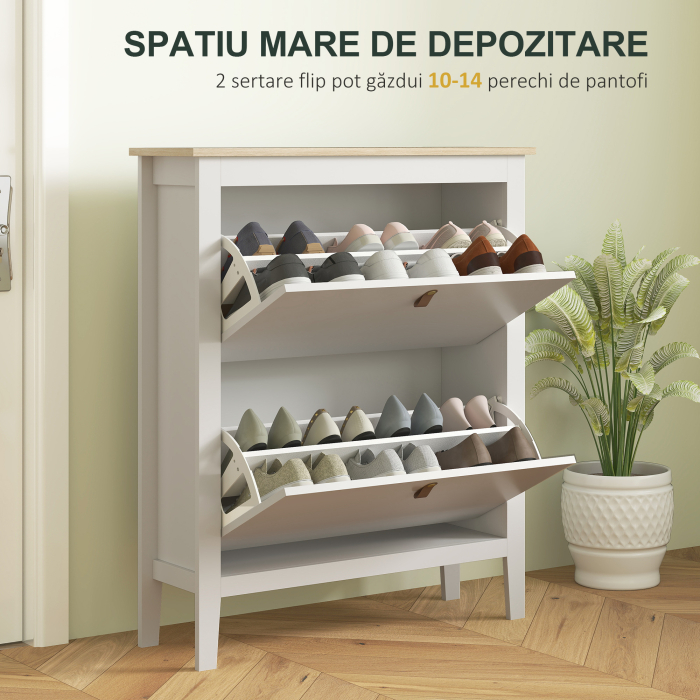  Pantofar cu 2 Sertare Rabatabile pentru 14 Perechi de Pantofi si Rafturi Reglabile, 80x24x95.5 cm, Alb [4]
