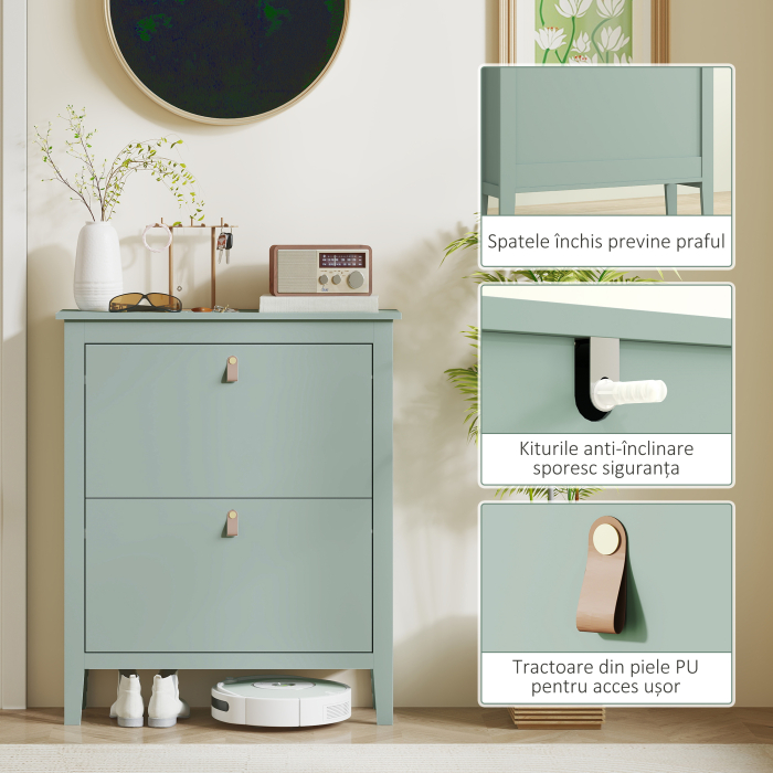  Pantofar cu 2 Sertare Rabatabile pentru 14 Perechi de Pantofi si Rafturi Reglabile, 80x24x95.5 cm, Verde [7]