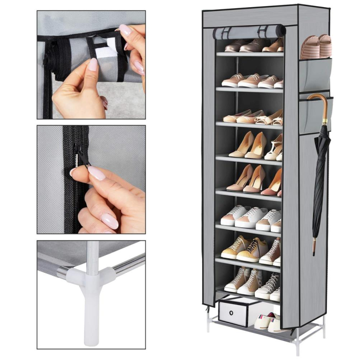 Pantofar din material textil, portabil, cu rafturi, 60x28x168cm, gri [18]
