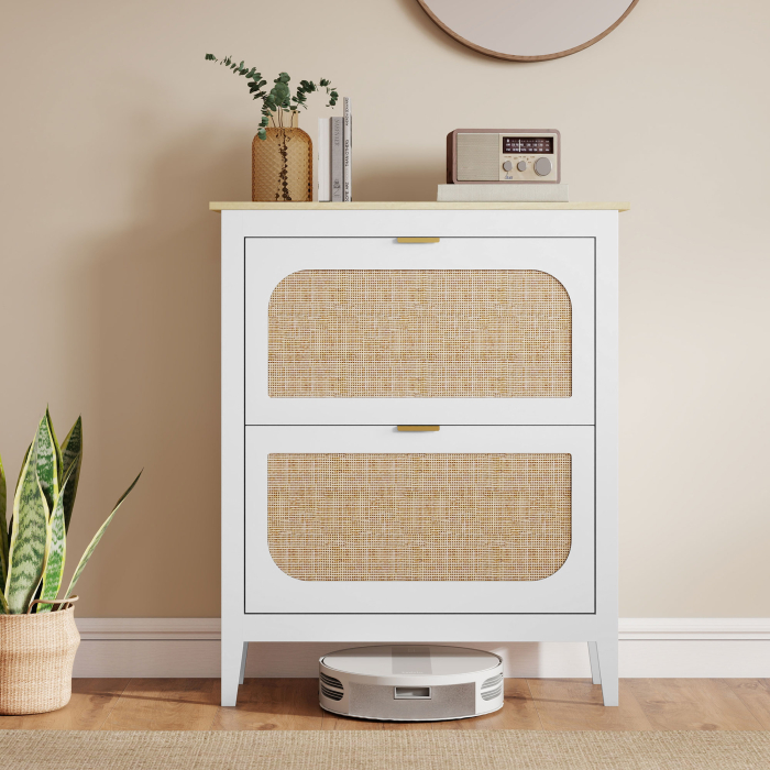  Pantofar Slim Stil Boho cu 2 Sertare Rabatabile pentru 14 Perechi de Pantofi, 80x24x95,5 cm, Alb [9]