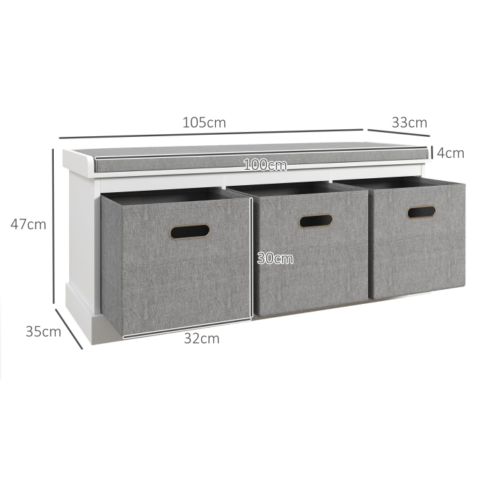  Pantofar tip Bancuţa cu 3 Sertare si Şezut din Lemn, 105x35x47 cm, Alb [3]